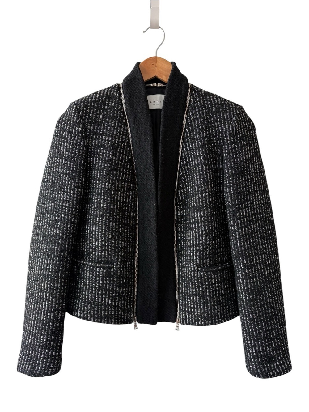 Sandro Black & Silver Metallic Tweed Wool Blend Jacket